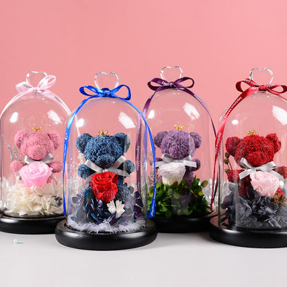 Flag Village Florist Gift Box Flowers Eternal Flower Glass Cover Bear Rose