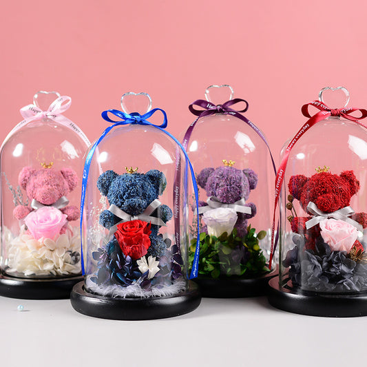 Flag Village Florist Gift Box Flowers Eternal Flower Glass Cover Bear Rose