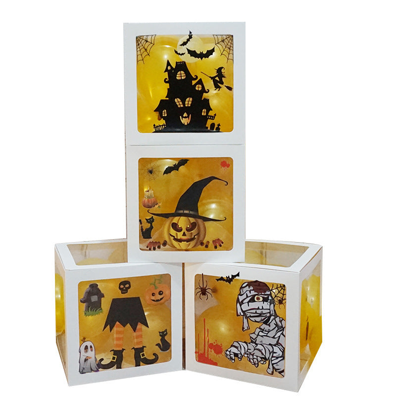 Flag Village Halloween Balloon Boxes Black Transparent Box Block With Ghost Pumpkin Horror Sticker Gift For Halloween Party Decor Supply