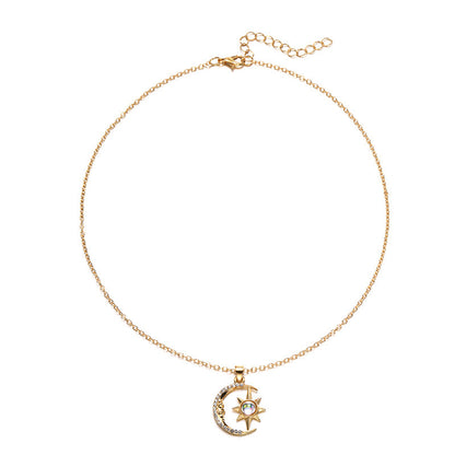 Flag Village Fashion Jewelry Fashion Moon Star Zircon Pendant Necklace Stainless Steel Light Luxury Choker Jewelry Party Gifts For Women Girls