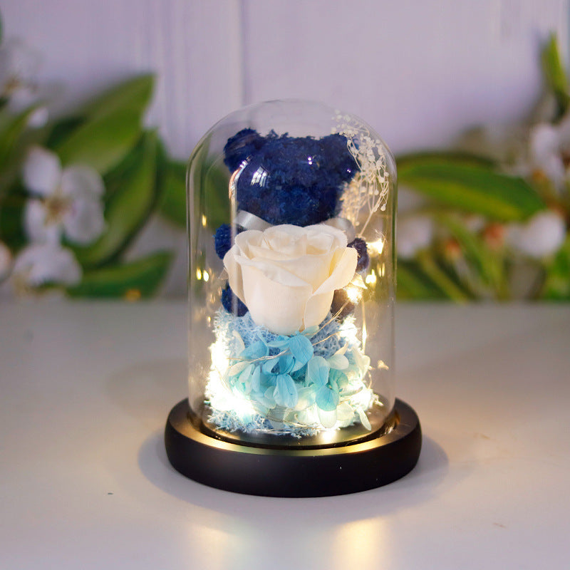 Flag Village Valentine's Day Gift For Girlfriend Eternal Preserved Rose Flower Gift Box Teddy Bear Eternal Flower With Lights Gift For Women Home Decor