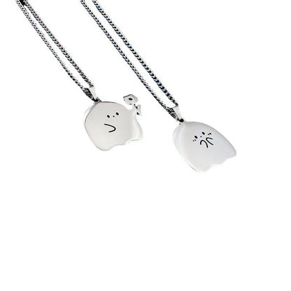Flag Village Stainless Steel Cute Ghost Couple Necklace Kawaii Animal Cat Pendant Necklace Lovers Friendship Jewelry Gifts