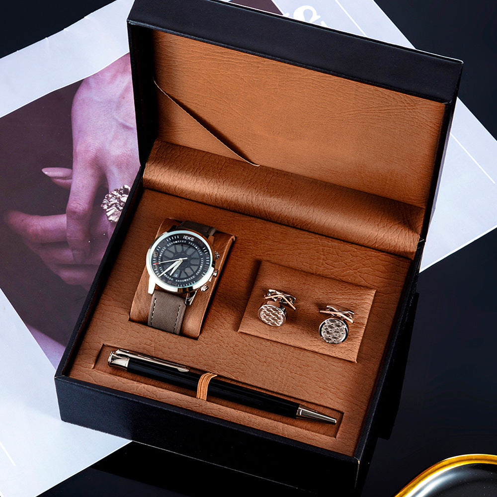 Flag Village 3 Piece Men's Watch Set Gift Box Sports Retro Calendar Quartz Watch Pen Cufflinks