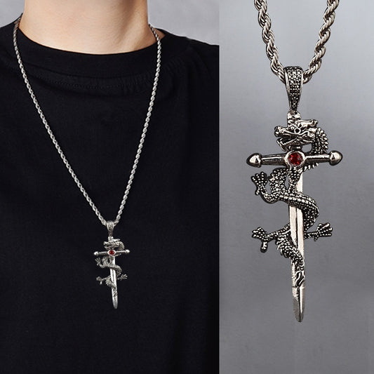 Flag Village Fashion Jewelry Dragon Sword Pendant Necklace Paved Black Color Jewelry For Men Boy Christmas Gifts