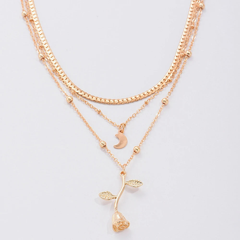 Flag Village Bohemia Multilayer Moon Gold Color Pendant Necklaces For Women Rose Flower Choker Necklace 2025 Fashion Jewelry Party Gift Valentine's Day Gifts