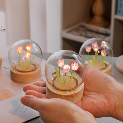 Flag Village Artificial Tulip Flower Night Light Ornaments Handmade DIY Bedside Lamp LED Night Lamp Bedroom Decor Birthday Gifts Table Lamp