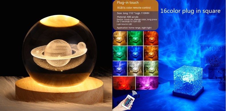 Flag Village LED Water Ripple Ambient Night Light USB Rotating Projection Crystal Table Lamp RGB Dimmable Home Decoration 16 Color Gifts