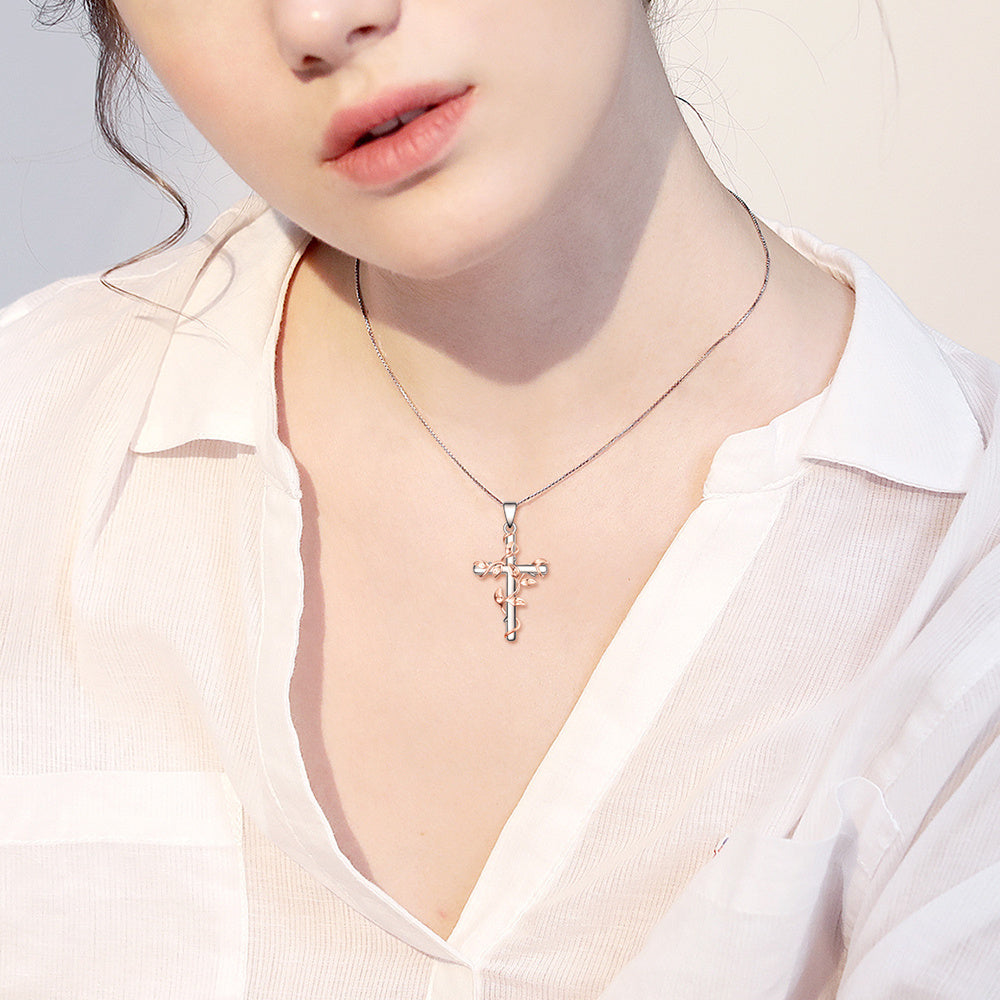 Flag Village Sterling Silver Rose Flower Cross Pendant Necklace Jewelry Gifts