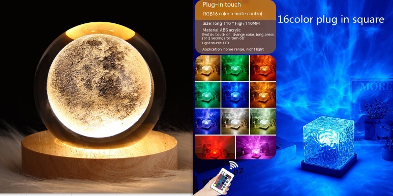 Flag Village LED Water Ripple Ambient Night Light USB Rotating Projection Crystal Table Lamp RGB Dimmable Home Decoration 16 Color Gifts