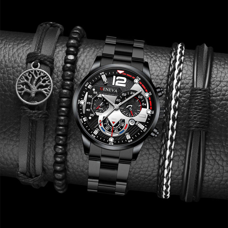 Flag Village 2pcs Men's New Popular Steel Strip Fashion Business Three Eye Quartz Watch Bracelet Set Valentine's Day Gifts