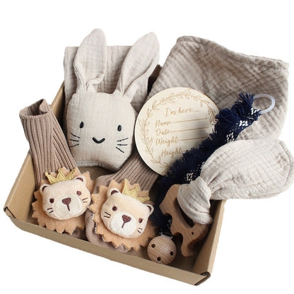 Flag Village Baby Rabbit Lion Appeasing Towel Socks Saliva Towel Wash Gift Box Newborn Bite Ring Hair Band Set