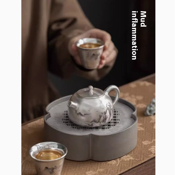 Flag Village Silver Gilded Chinese High-end Kung Fu Tea Set Mini Set Teapot Tea Cup Gift Box