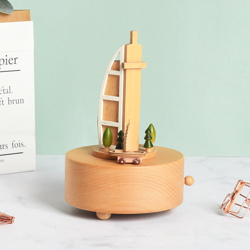 Flag Village Wooden building model music box birthday gift