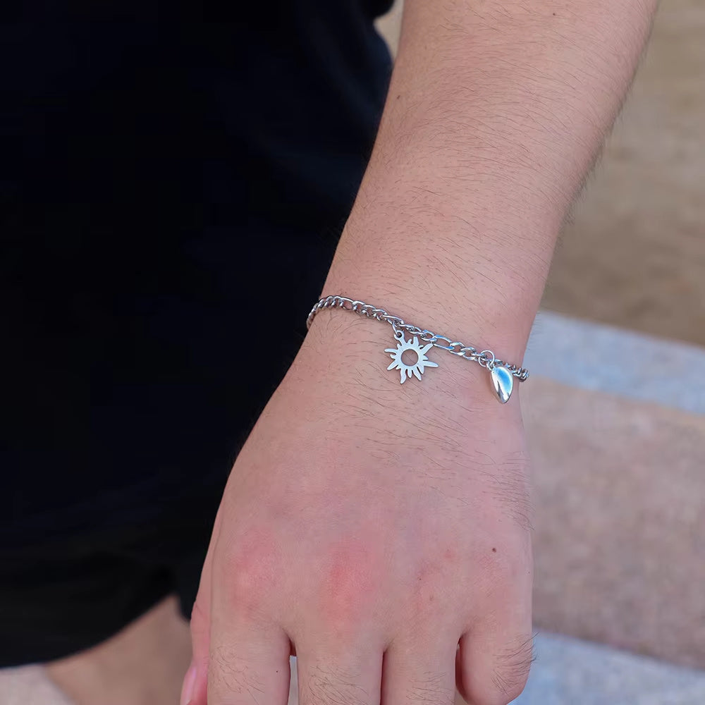 Flag Village 2Pcs Sun Moon Charm Magnet Attraction Stainless Steel Bracelets For Couples Men Women Jewelry Wholesale Valentine's Day Gifts