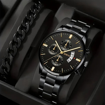 Flag Village 2pcs Men's New Popular Steel Strip Fashion Business Three Eye Quartz Watch Bracelet Set Valentine's Day Gifts