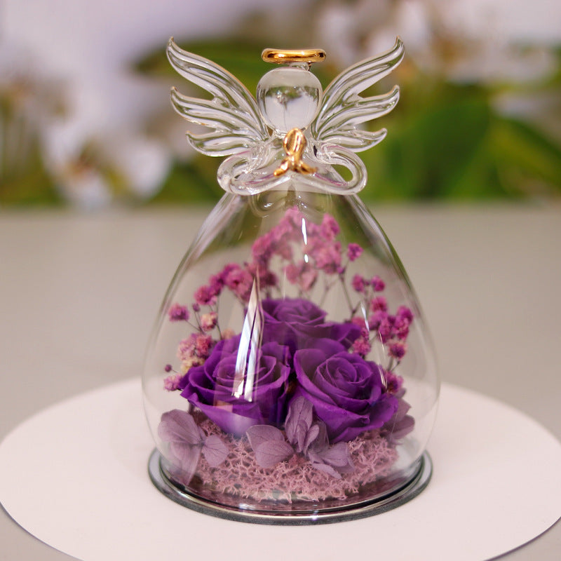 Flag Village Eternal Flower Gift Box Angel Glass Cover Dried Rose Gift Box For Christmas New Year Valentine's Day Home Decor