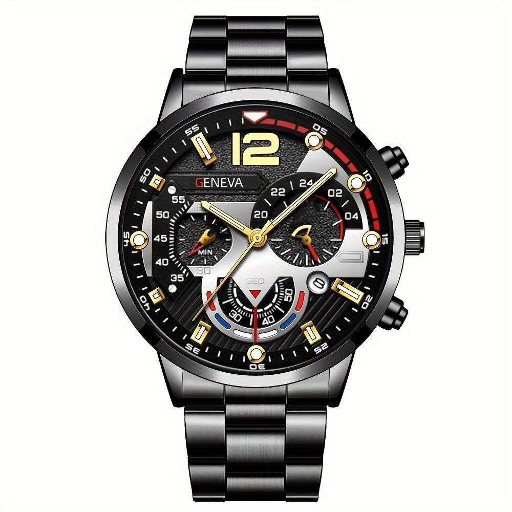 Flag Village 2pcs Men's New Popular Steel Strip Fashion Business Three Eye Quartz Watch Bracelet Set Valentine's Day Gifts
