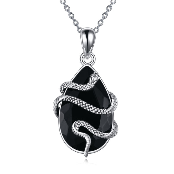 Flag Village Sterling Silver Black Obsidian Tourmaline Crystal Snake Necklace Jewelry as Gifts