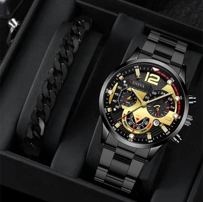 Flag Village 2pcs Men's New Popular Steel Strip Fashion Business Three Eye Quartz Watch Bracelet Set Valentine's Day Gifts