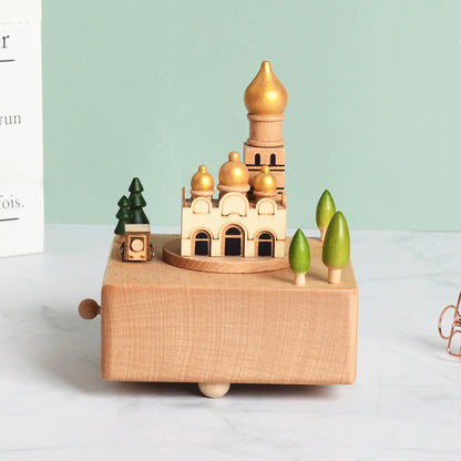 Flag Village Wooden building model music box birthday gift