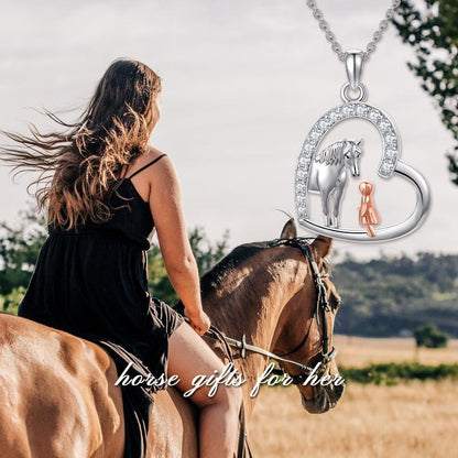 Flag Village Sterling Silver Heart Horse and Girl Pendant Necklace Jewelry Gifts for Women Girls Kids