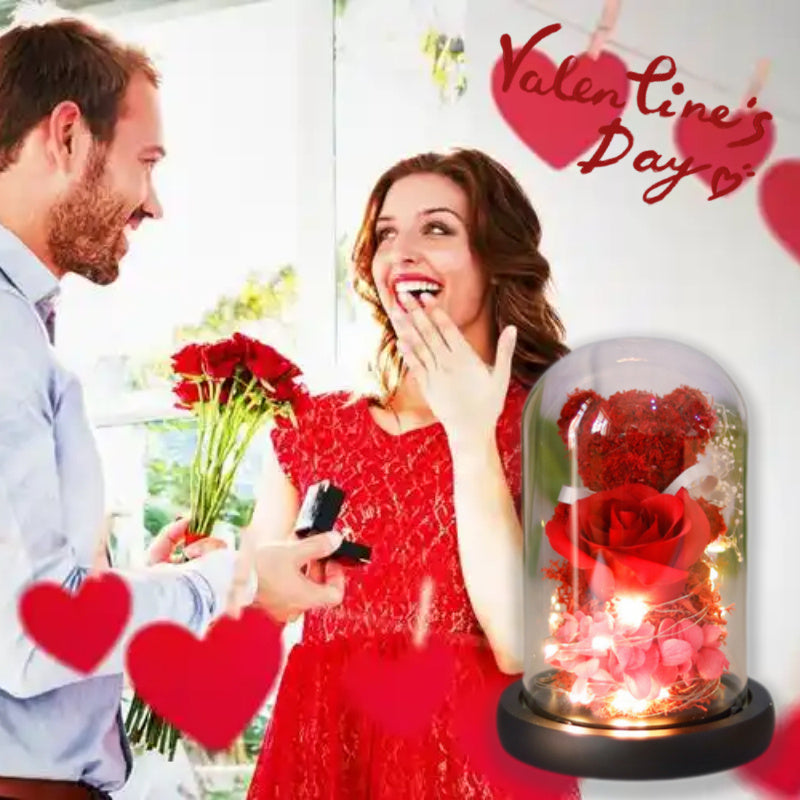 Flag Village Valentine's Day Gift For Girlfriend Eternal Preserved Rose Flower Gift Box Teddy Bear Eternal Flower With Lights Gift For Women Home Decor
