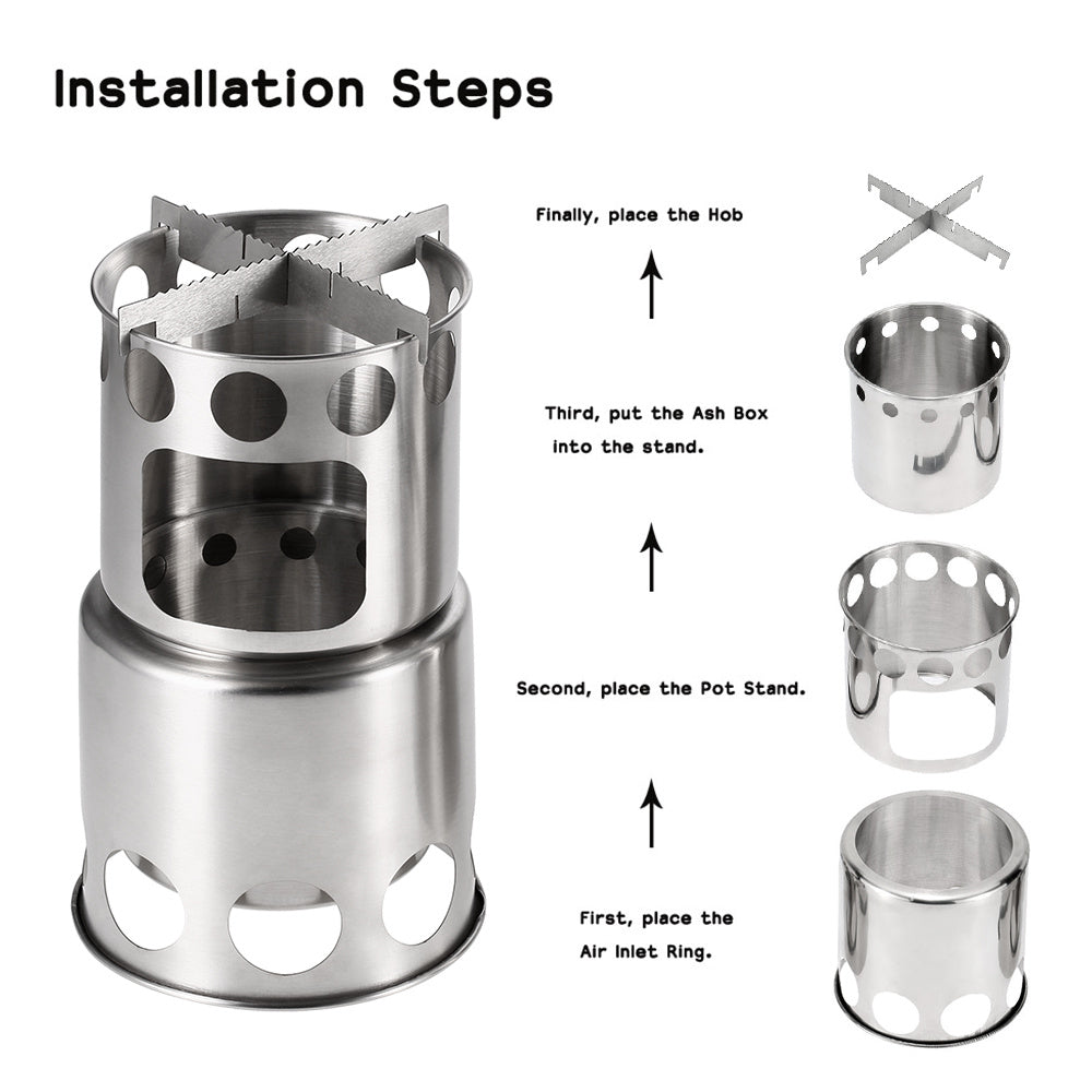 Flag Village Portable Camping Stove Combo Wood Burning Stainless Steel Stove And Cooking Pot Set For Outdoor Backpacking Fishing Hiking