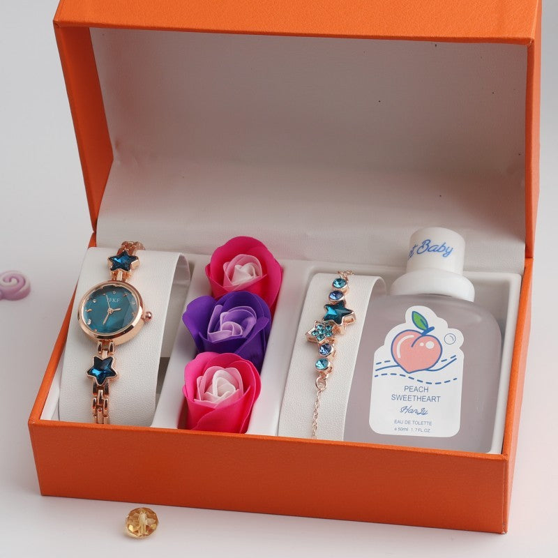 Flag Village Valentine's Day Fine Gifts Women's Rose Gift Box Watch Bracelet Perfume Exquisite Set Quartz Wrist Watch