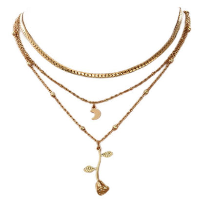 Flag Village Bohemia Multilayer Moon Gold Color Pendant Necklaces For Women Rose Flower Choker Necklace 2025 Fashion Jewelry Party Gift Valentine's Day Gifts