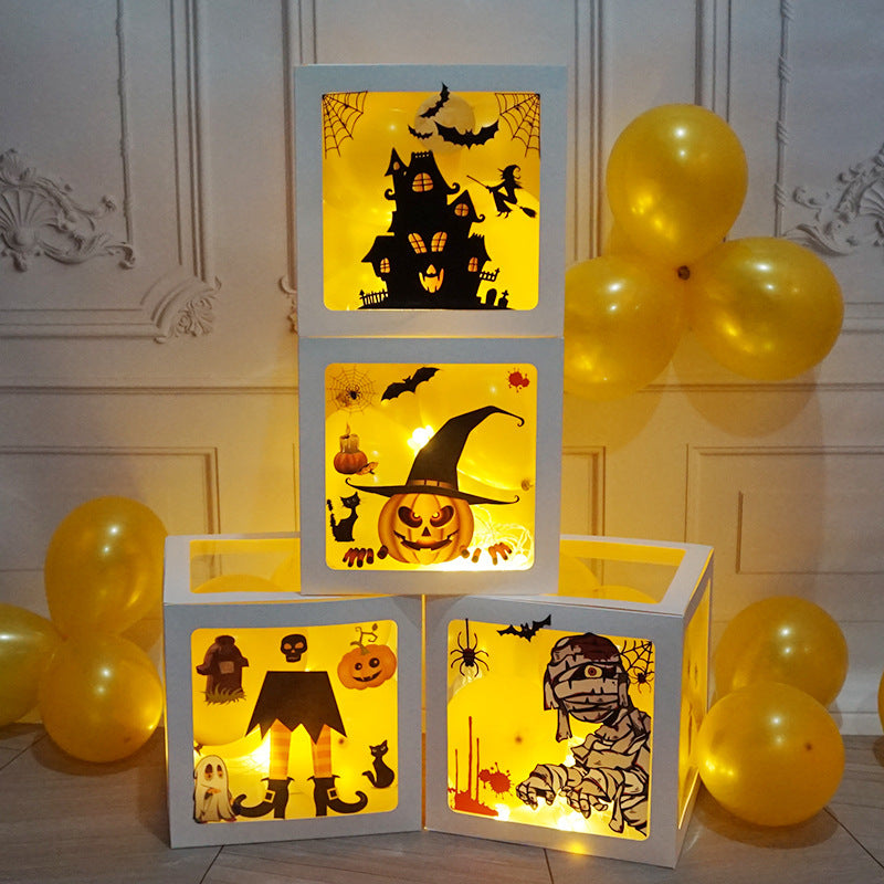 Flag Village Halloween Balloon Boxes Black Transparent Box Block With Ghost Pumpkin Horror Sticker Gift For Halloween Party Decor Supply