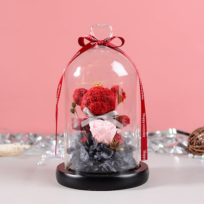 Flag Village Florist Gift Box Flowers Eternal Flower Glass Cover Bear Rose