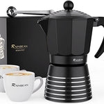Flag Village Stovetop Espresso Maker 6 Cup 300ml, Aluminum Moka Pot Gift Set, Italian Cuban Greca Coffee, Easy To Use & Clean - Set Including 2 Cups, Spoon, Black, Perfect Gifts For Coffee Lovers