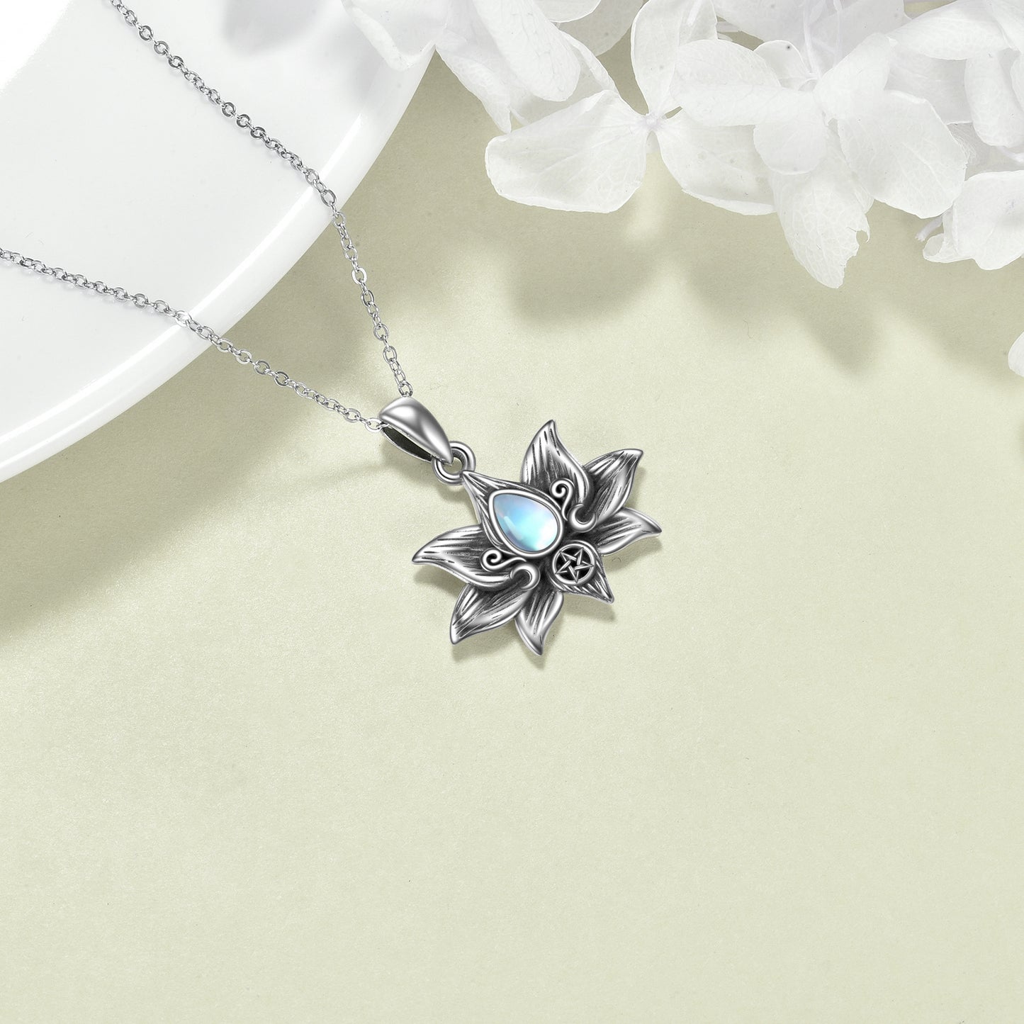 Flag Village Sterling Silver Moonstone Lotus Flower Pendant Necklace Jewelry Gifts for Women