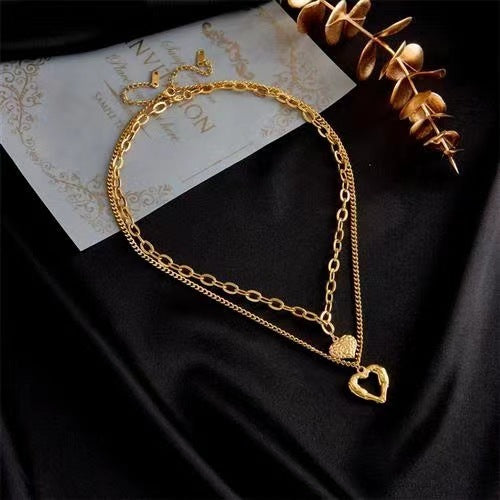 Flag Village Titanium Steel Angel Wings Love Necklace Irregular Folds 2 Heart Love Necklace For Women Charm Party Accessories High-quality Fashion Jewelry Pendant Gifts