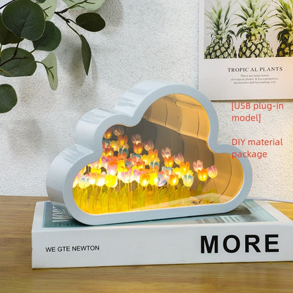 Flag Village Tulip Night Lamp DIY Material Cloud Tulips Night Lamp Decorative Mirrors Photo Frame LED Table Lights Korean Creative Desk Bedroom Handmade Birthday Gifts
