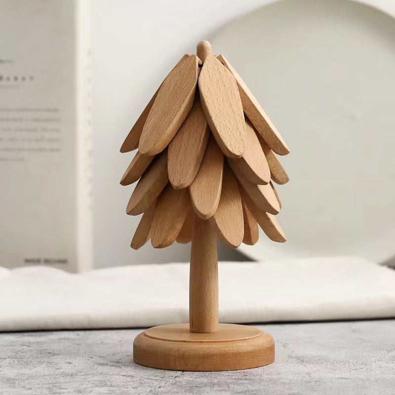 Flag Village Wooden Christmas Tree Folding Coaster Black Walnut Thick Seat Adiabatic Pad For Kitchen Desktop Decoration Housewarming Gift