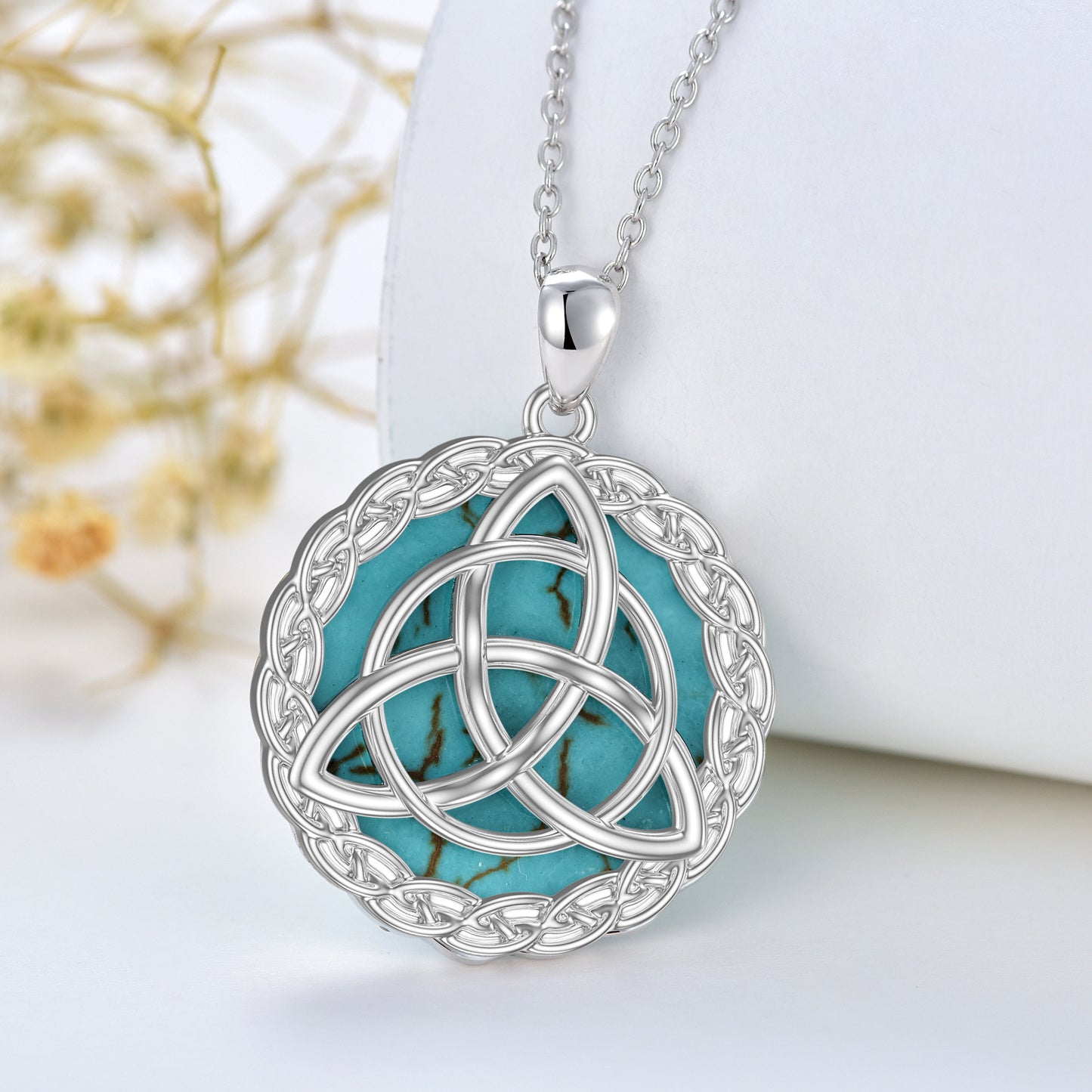 Flag Village Celtic Necklace 925 Sterling Silver with Genuine Turquoise Trinity Knot Pendant Good Luck Irish Jewelry Gifts for Women