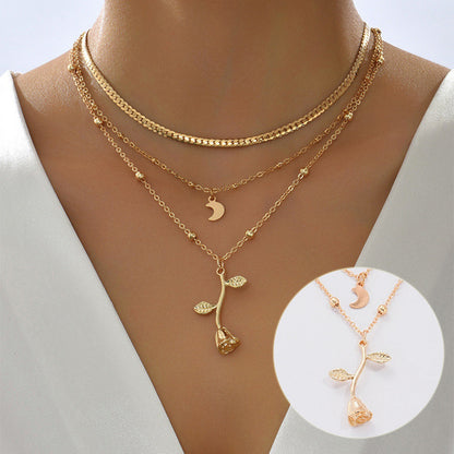 Flag Village Bohemia Multilayer Moon Gold Color Pendant Necklaces For Women Rose Flower Choker Necklace 2025 Fashion Jewelry Party Gift Valentine's Day Gifts