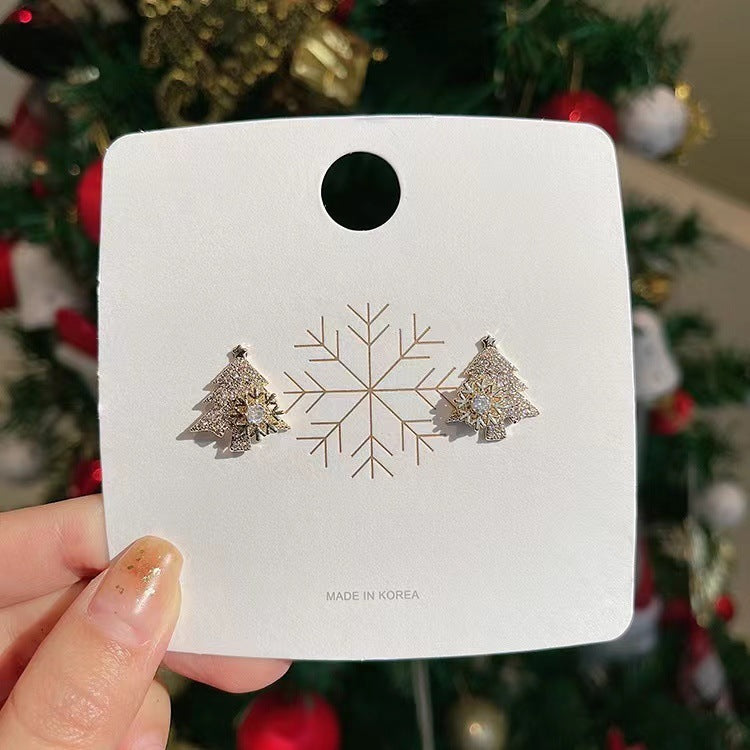Flag Village Rotatable Christmas Tree Earrings Shiny Rhinestone Snowflake Stud Earring New Year Xmas Festival Ear Jewelry Gifts Autumn And Winter
