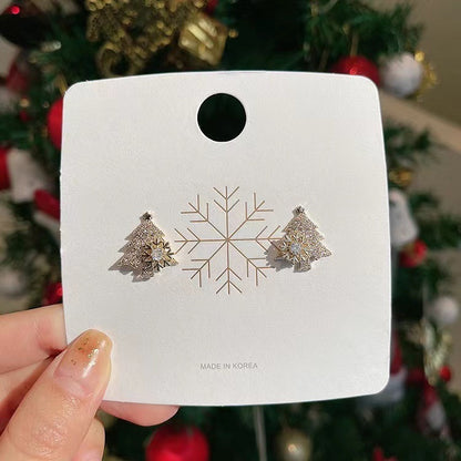 Flag Village Rotatable Christmas Tree Earrings Shiny Rhinestone Snowflake Stud Earring New Year Xmas Festival Ear Jewelry Gifts Autumn And Winter