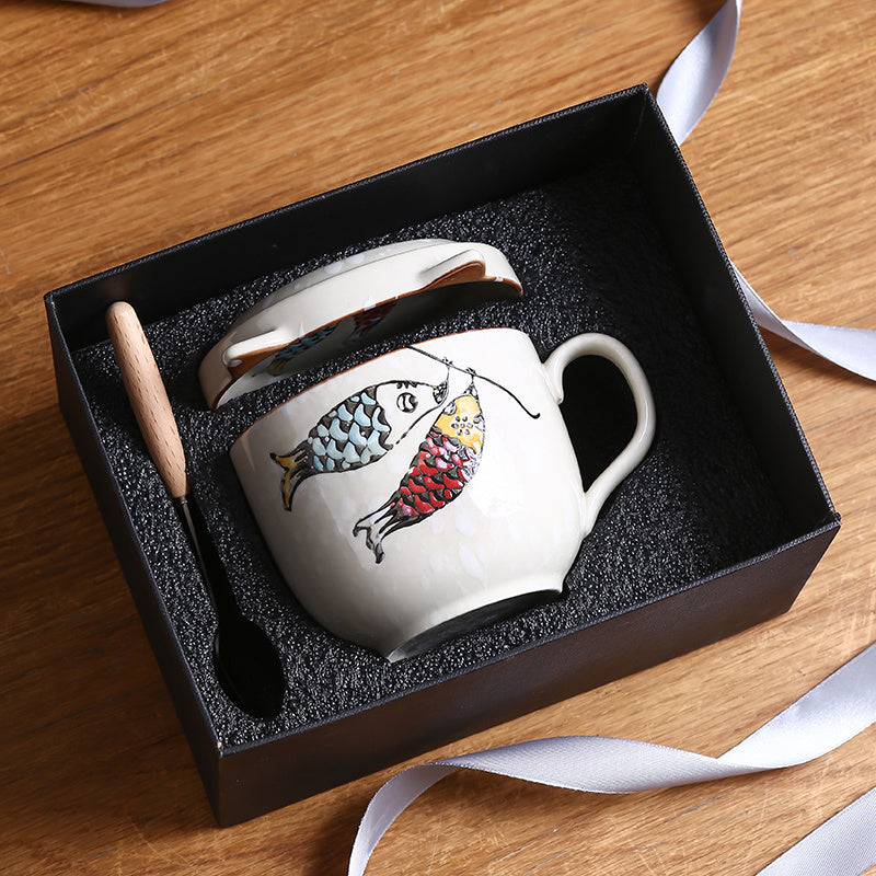 Flag Village Ceramic Cup With Lid Large Capacity, Spoon Set Gift Box
