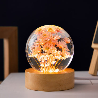 Flag Village Luminous 3D Dandelion Crystal Ball Beech Wood Stand Base Preserved Flower Sphere Ball Desktop Ornaments Bithday Christmas Gifts
