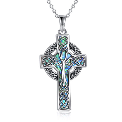 Flag Village 925 Sterling Silver Abalone Celtic Cross Pendant Necklace Jewelry Gifts