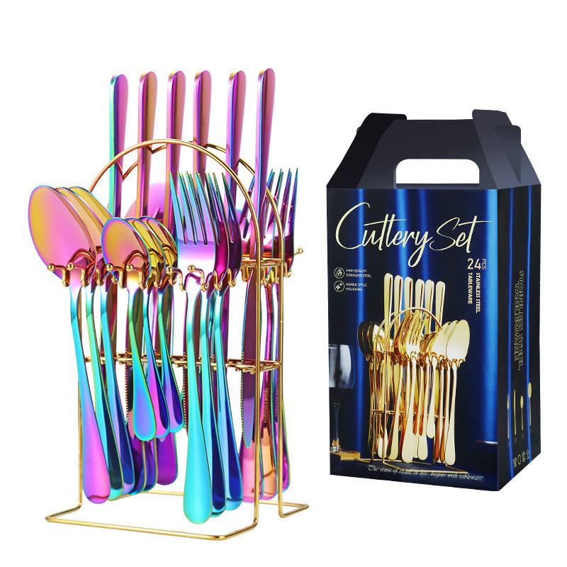Flag Village Amazon Hot Selling Stainless Steel Spoon Fork 24 Piece Set 1010 Cross-Border New Western Steak Knife, Fork, Spoon Gift Box
