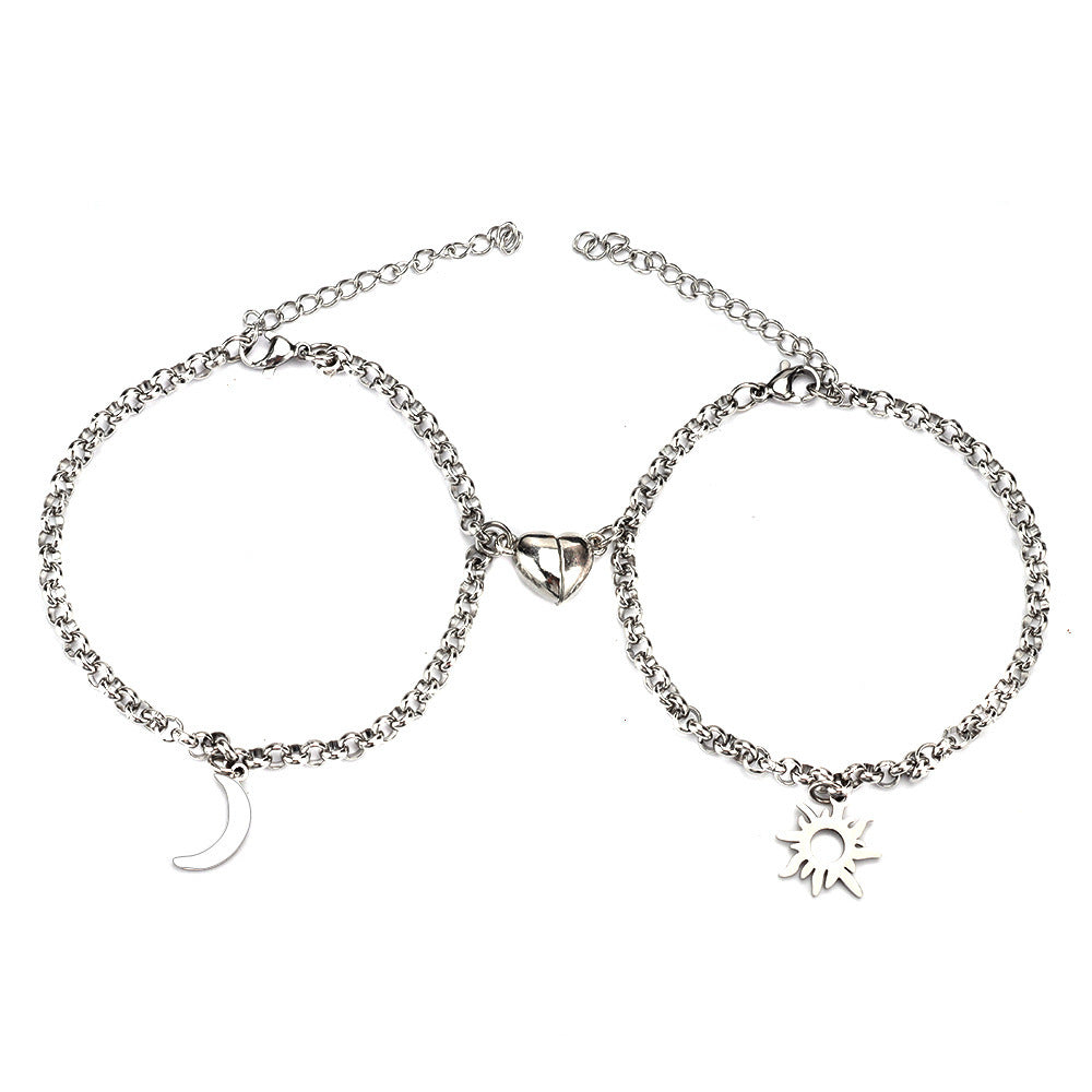 Flag Village 2Pcs Sun Moon Charm Magnet Attraction Stainless Steel Bracelets For Couples Men Women Jewelry Wholesale Valentine's Day Gifts