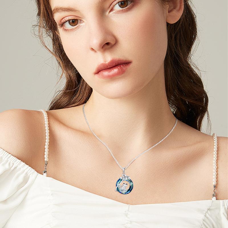 Flag Village 925 Sterling Silver Frog Lotus Leaf Necklace with Circle Crystal Pendant Cute Animal Jewelry Gifts