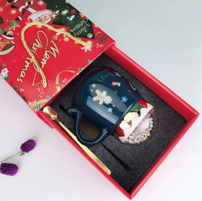 Flag Village Christmas Mugs Set With Lid And Spoon Xmas Gift Box Set Ceramic Cartoon Couples Santa Claus Milk Cocoa Cup For Home Office