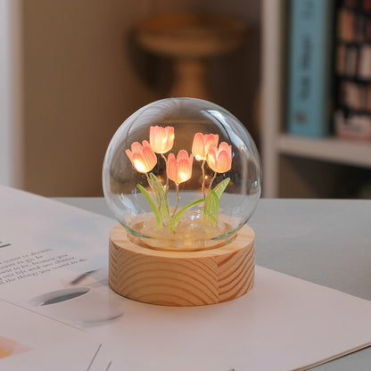 Flag Village Artificial Tulip Flower Night Light Ornaments Handmade DIY Bedside Lamp LED Night Lamp Bedroom Decor Birthday Gifts Table Lamp