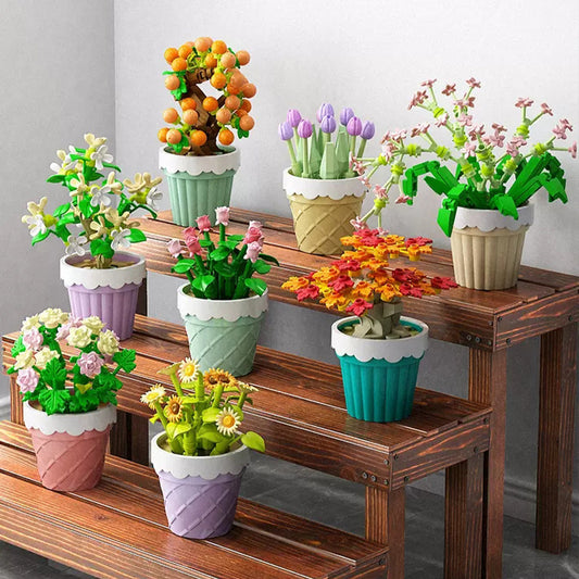 Flag Village Bouquet Plant Potted Rose Handmade DIY Assembling Puzzle Building Blocks Toy Children Gifts