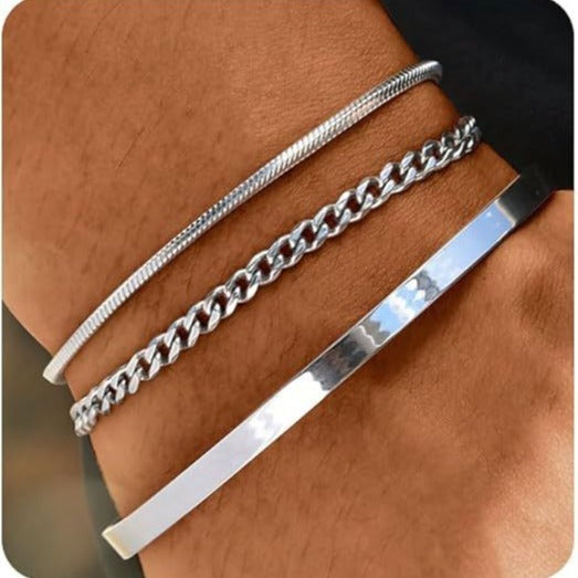 Flag Village Stackable Cuff Stainless Steel Bracelet 3 Pieces Layered Bangle Snake Box Chain Cuban Link Chain Bracelet Set